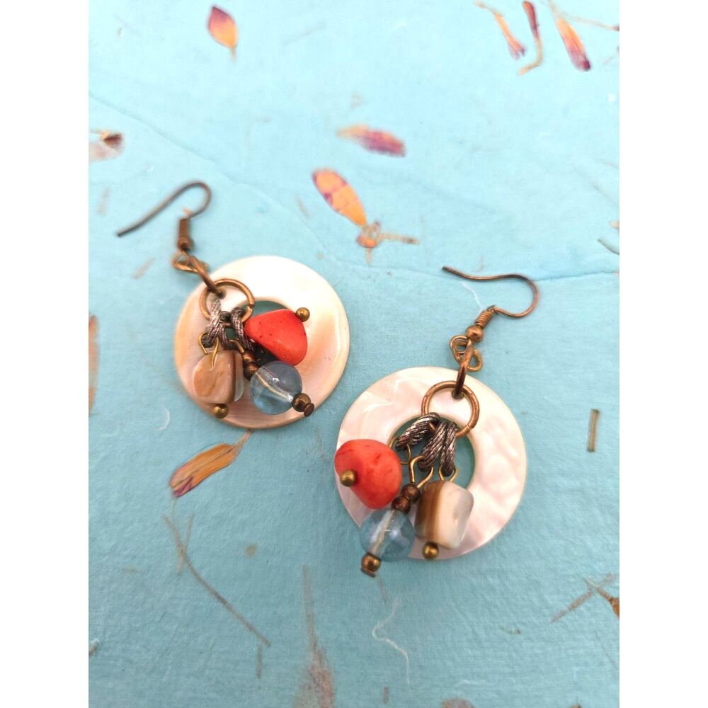 Boho Dangle Earrings Mother of Pearl Hoop Stone Charms Coastal Nautical Beachy
